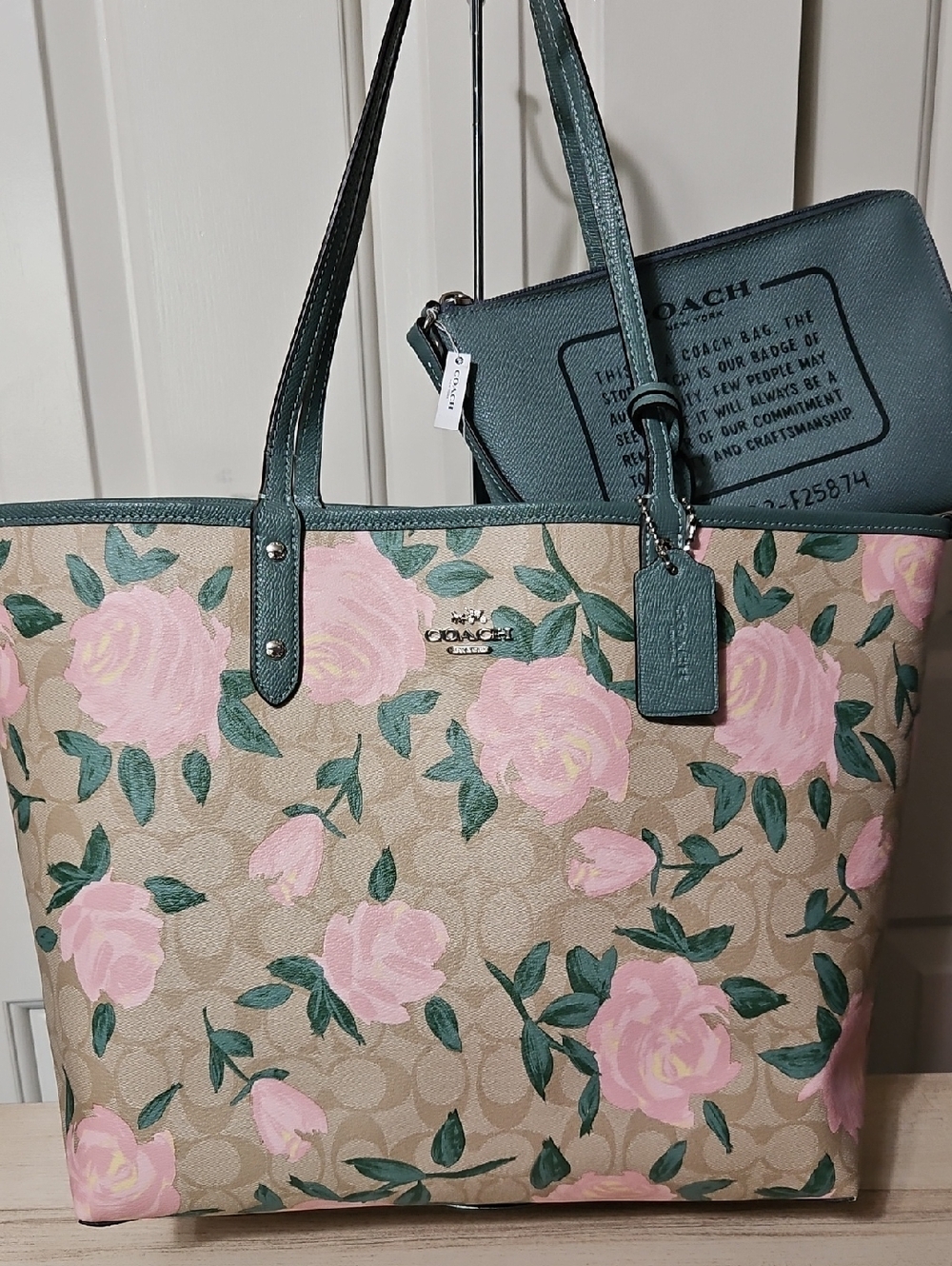 Coach NWT Pink Rose Canvas Reversible City Tote and Pouch Wrislet